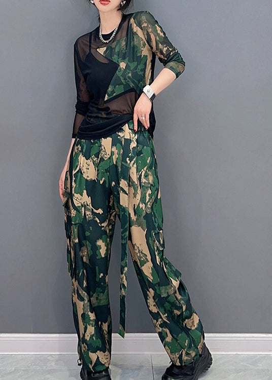 Unique Camouflage Print Tulle Patchwork Top and Pants Two Pieces Set Spring