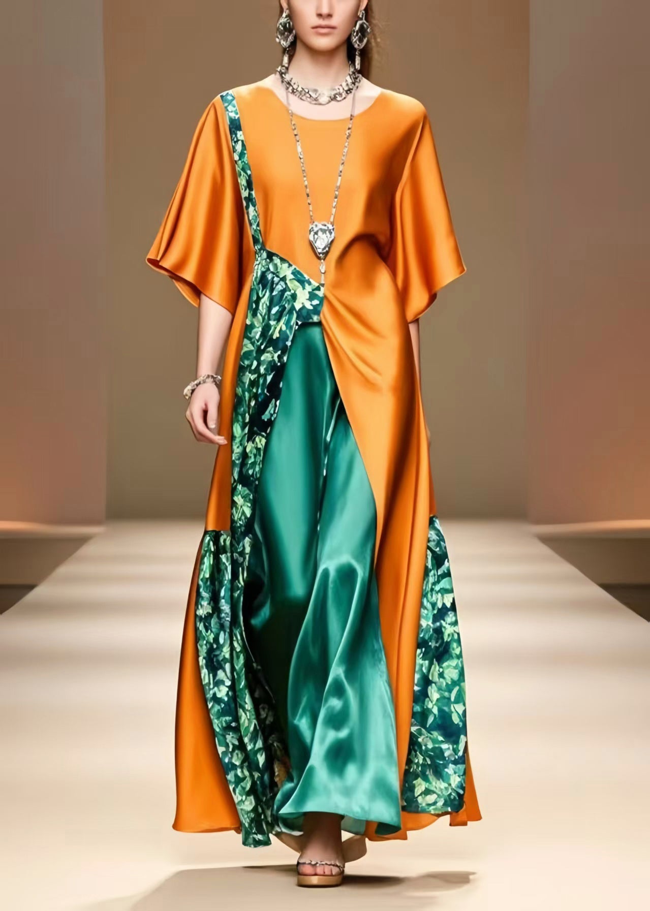 Unique Caramel Asymmetrical Patchwork Silk Long Dress Summer