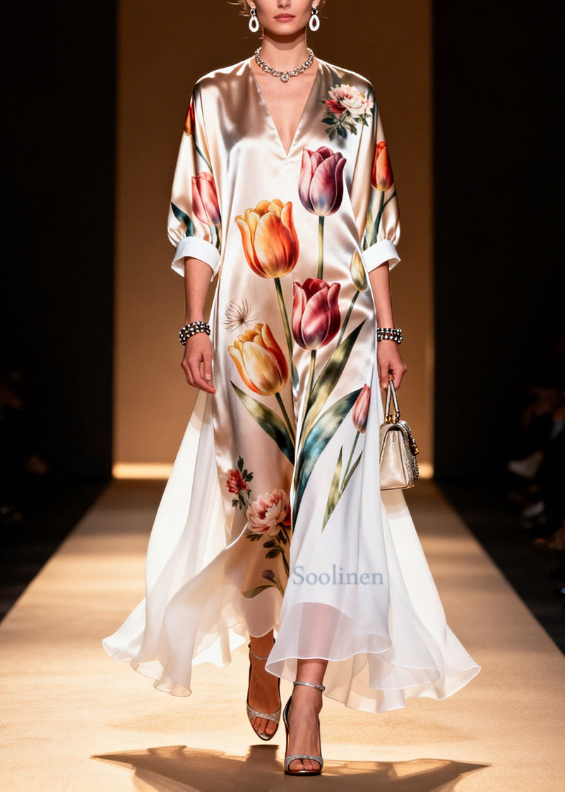 Unique Champagne Print Draping Silk Ankle Dress Summer