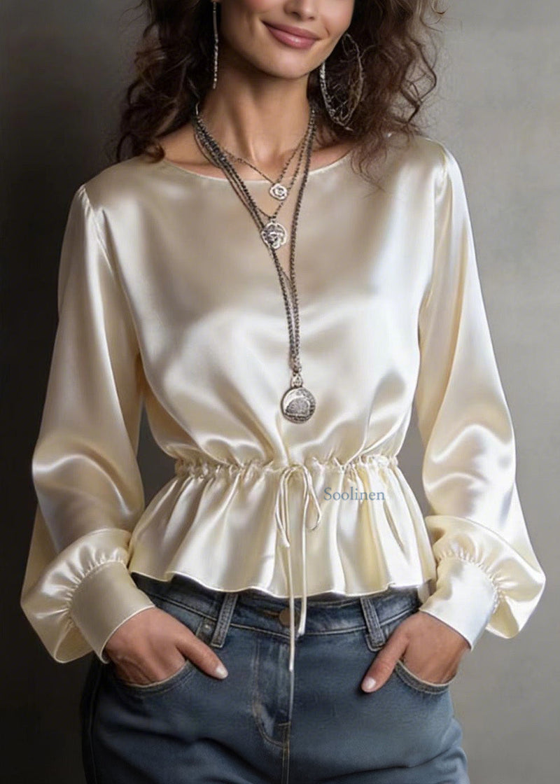 Unique Champagne O Neck Drawstring Silk Top Spring