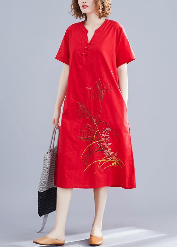 Unique Chinese Button Cotton Clothes Design Red Embroidery Dresses Summer