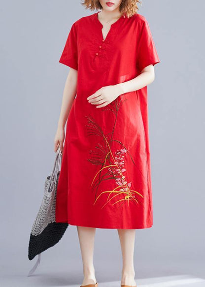 Unique Chinese Button Cotton Clothes Design Red Embroidery Dresses Summer