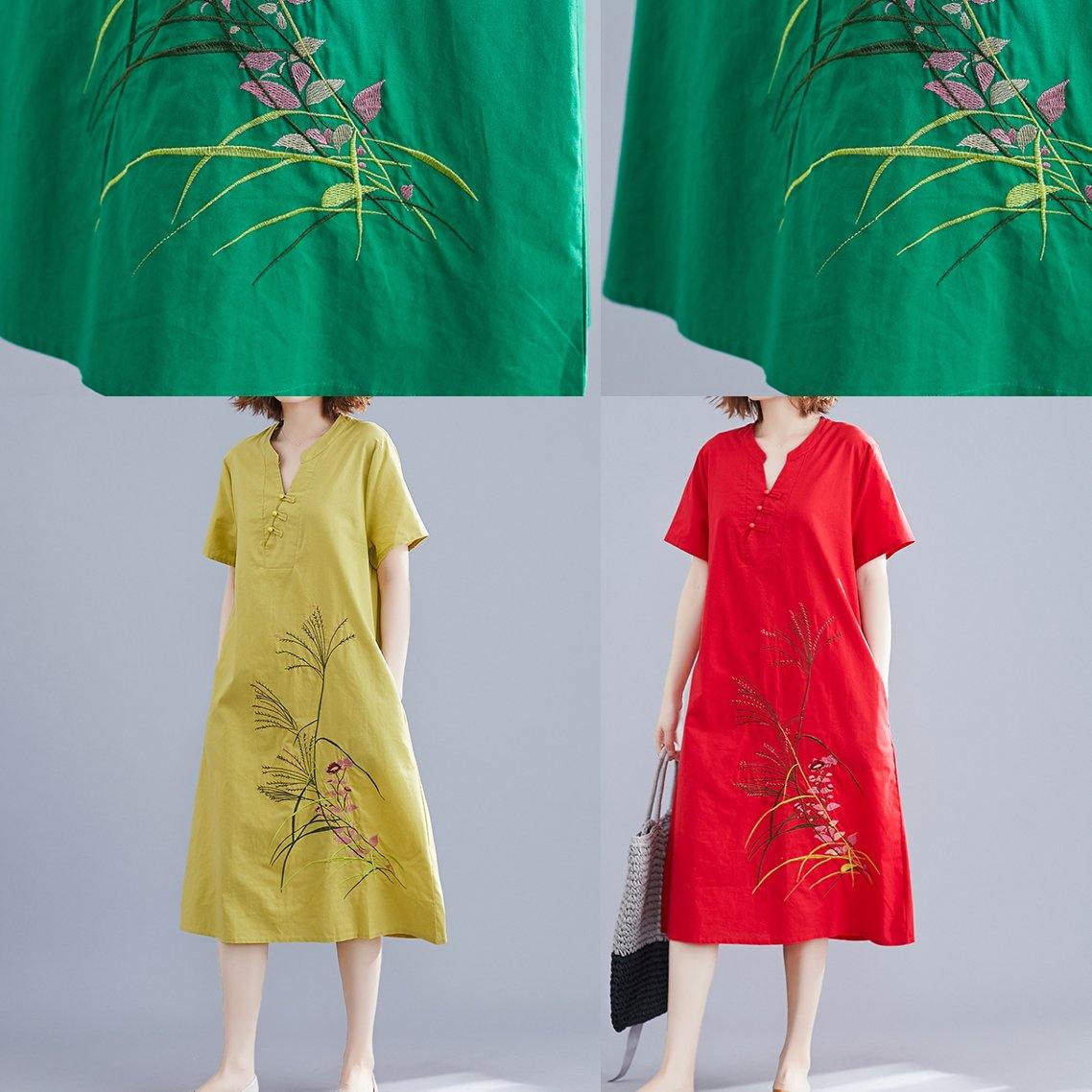 Unique Chinese Button Cotton Clothes Design Red Embroidery Dresses Summer