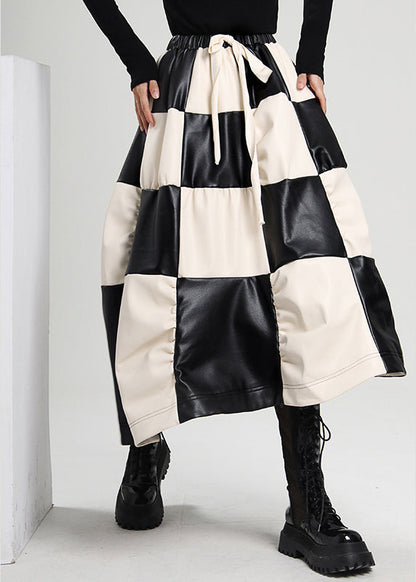 Unique Cinched Plaid Wrinkled Faux Leather Skirt Spring