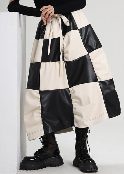 Unique Cinched Plaid Wrinkled Faux Leather Skirt Spring