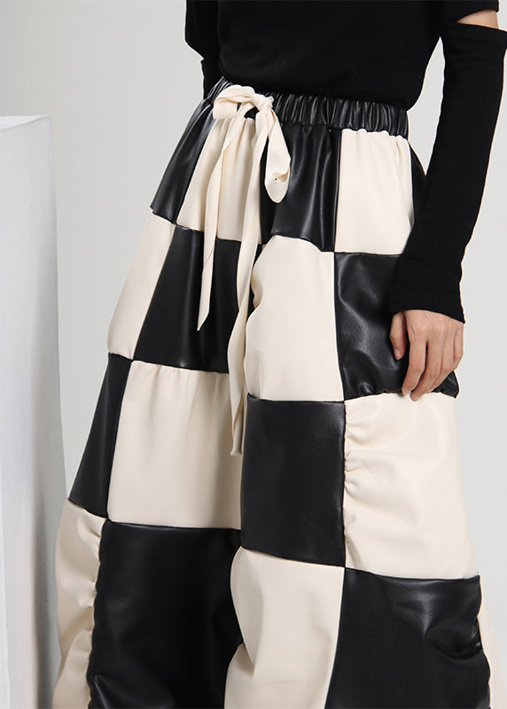 Unique Cinched Plaid Wrinkled Faux Leather Skirt Spring