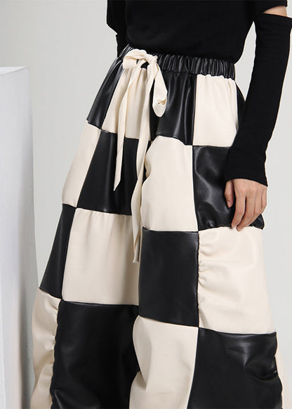 Unique Cinched Plaid Wrinkled Faux Leather Skirt Spring