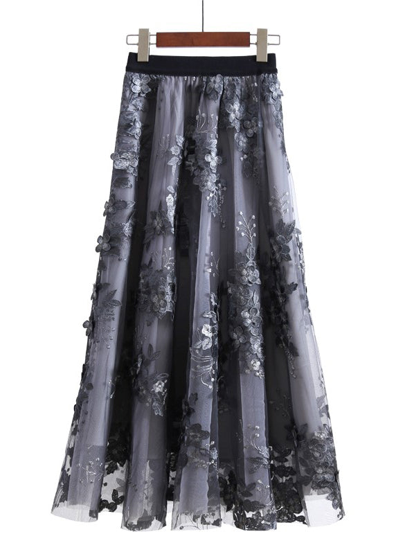Unique Chocolate Embroideried High Waist Tulle Skirt Summer