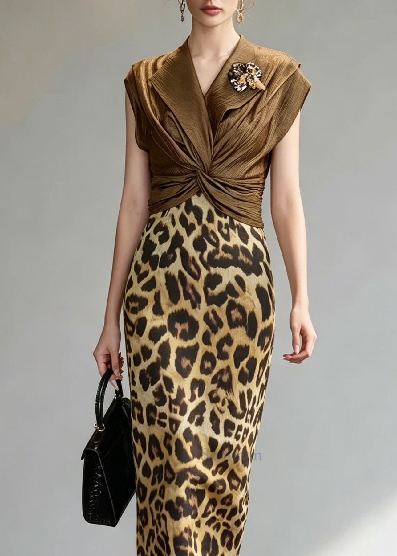 Unique Coffee Leopard Patchwork False Two Pieces Dress Summer