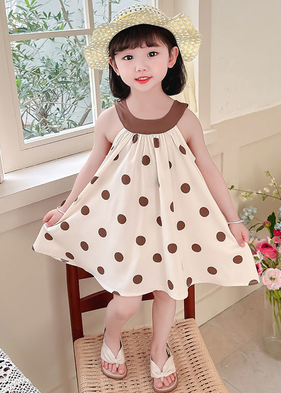 Unique Coffee O-neck Dot Print Wrinkled Kids Chiffon Strap Dress Summer