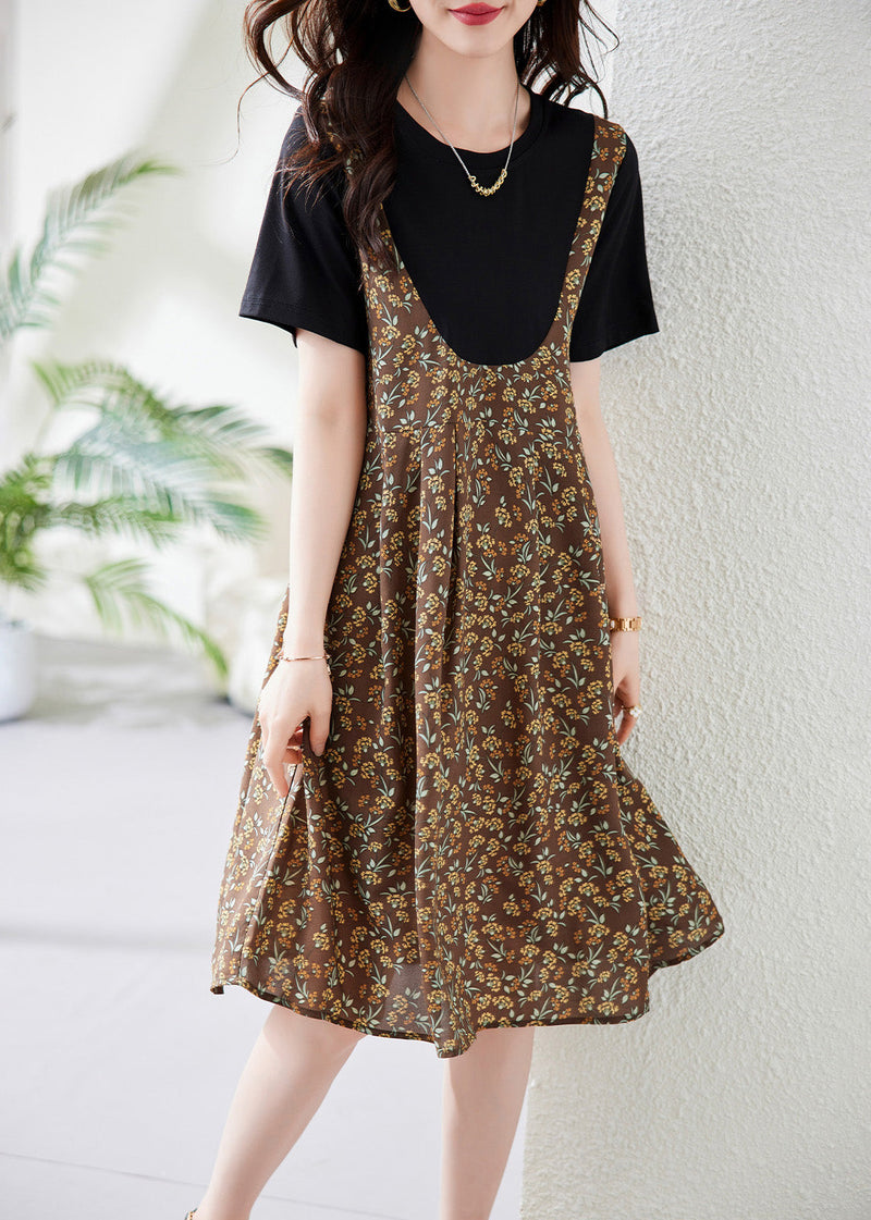 Unique Coffee O-neck Patchwork Chiffon Long Dress Summer