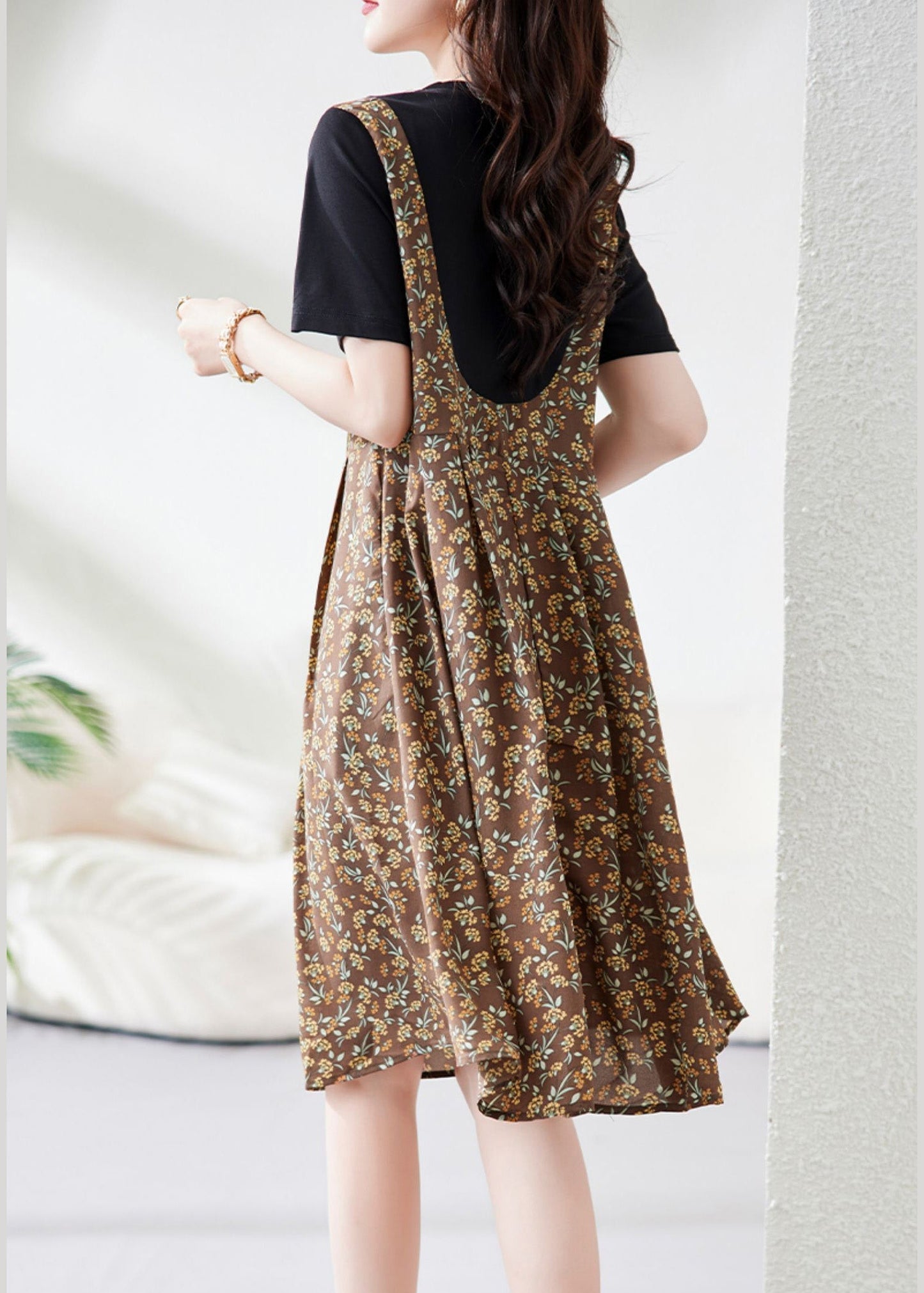Unique Coffee O-neck Patchwork Chiffon Long Dress Summer
