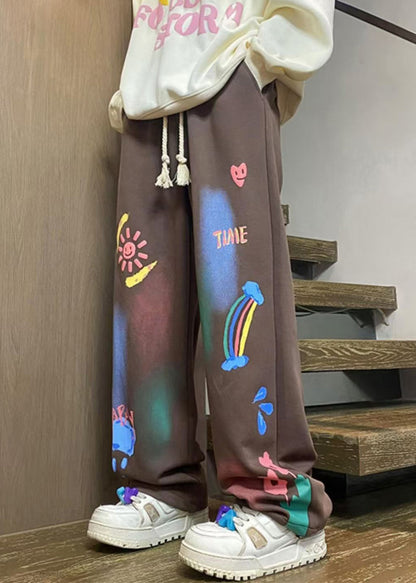 Unique Coffee Print Elastic Waist Cotton Pants Spring