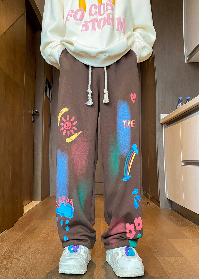 Unique Coffee Print Elastic Waist Cotton Pants Spring