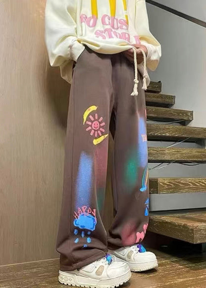 Unique Coffee Print Elastic Waist Cotton Pants Spring