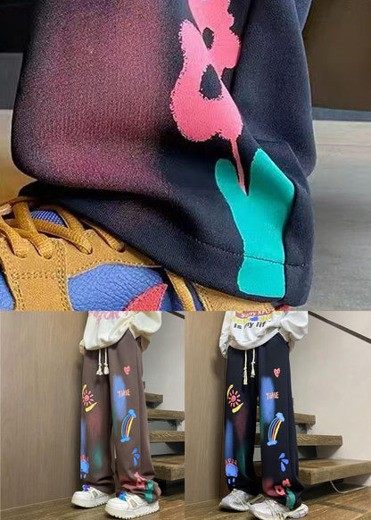 Unique Coffee Print Elastic Waist Cotton Pants Spring