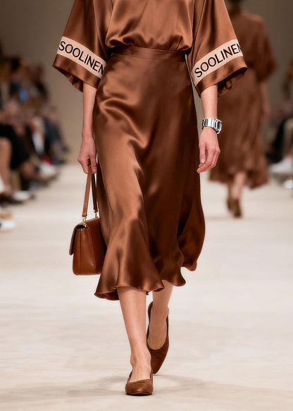 Unique Coffee V Neck Tunic Silk Maxi Dress Spring