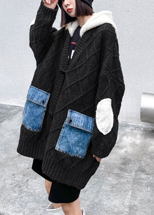 Unique Chocolate Hooded Patchwork Pockets Fall Sweaters Coat