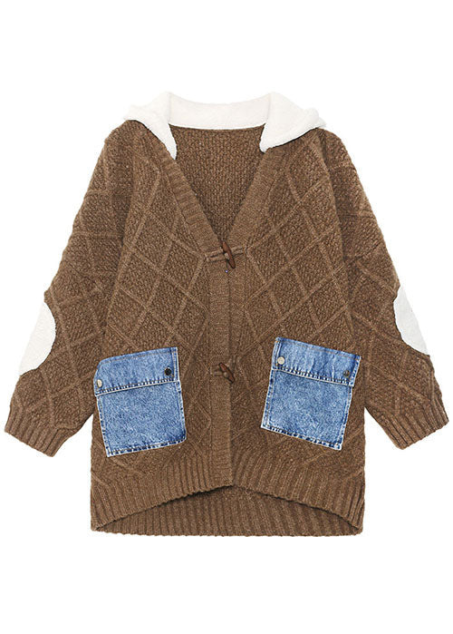 Unique Chocolate Hooded Patchwork Pockets Fall Sweaters Coat