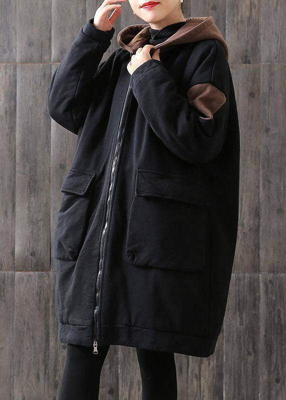 Unique Chocolate Hooded Zippered Pockets Patchwork Winter Cotton Thick Coats Long Sleeve