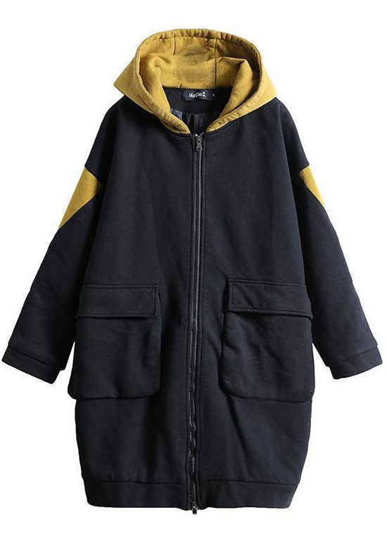 Unique Chocolate Hooded Zippered Pockets Patchwork Winter Cotton Thick Coats Long Sleeve