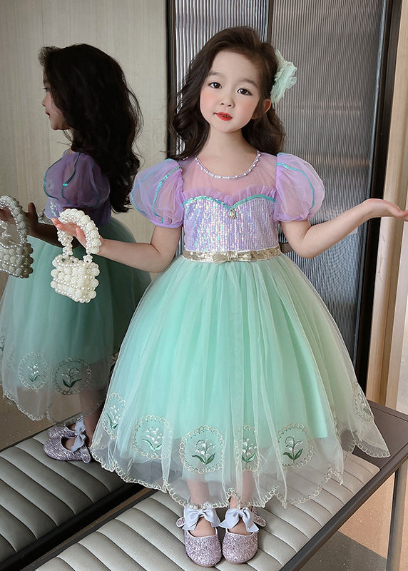Unique Colorblock Embroideried Patchwork Tulle Kids Long Dresses Summer