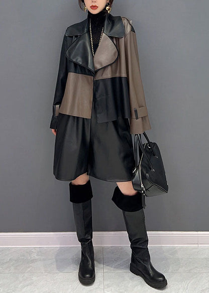 Unique Colorblock Notched Patchwork Faux Leather Coat Spring