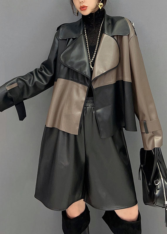 Unique Colorblock Notched Patchwork Faux Leather Coat Spring