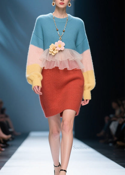 Unique Colorblock O Neck Patchwork Knit Sweater Dress Winter