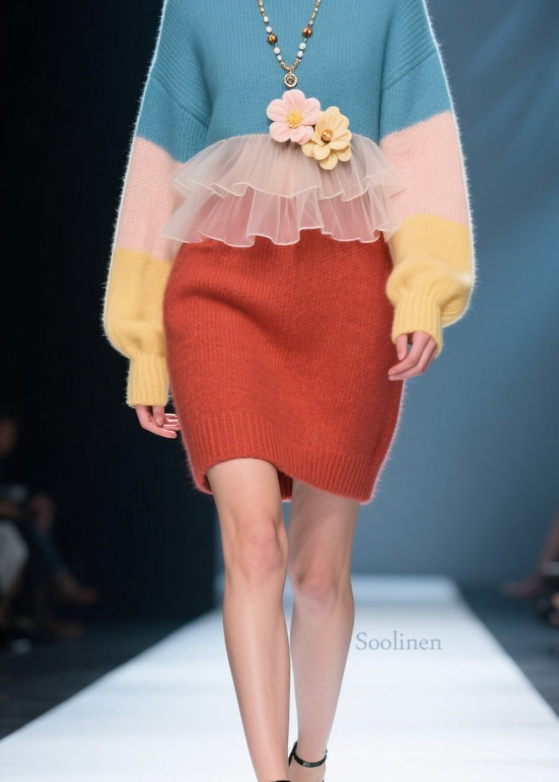 Unique Colorblock O Neck Patchwork Knit Sweater Dress Winter