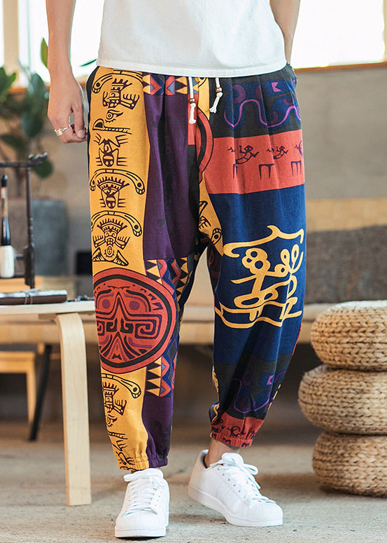 Unique Colorblock Print Lace Up Elastic Waist Cotton Beam Pants Summer