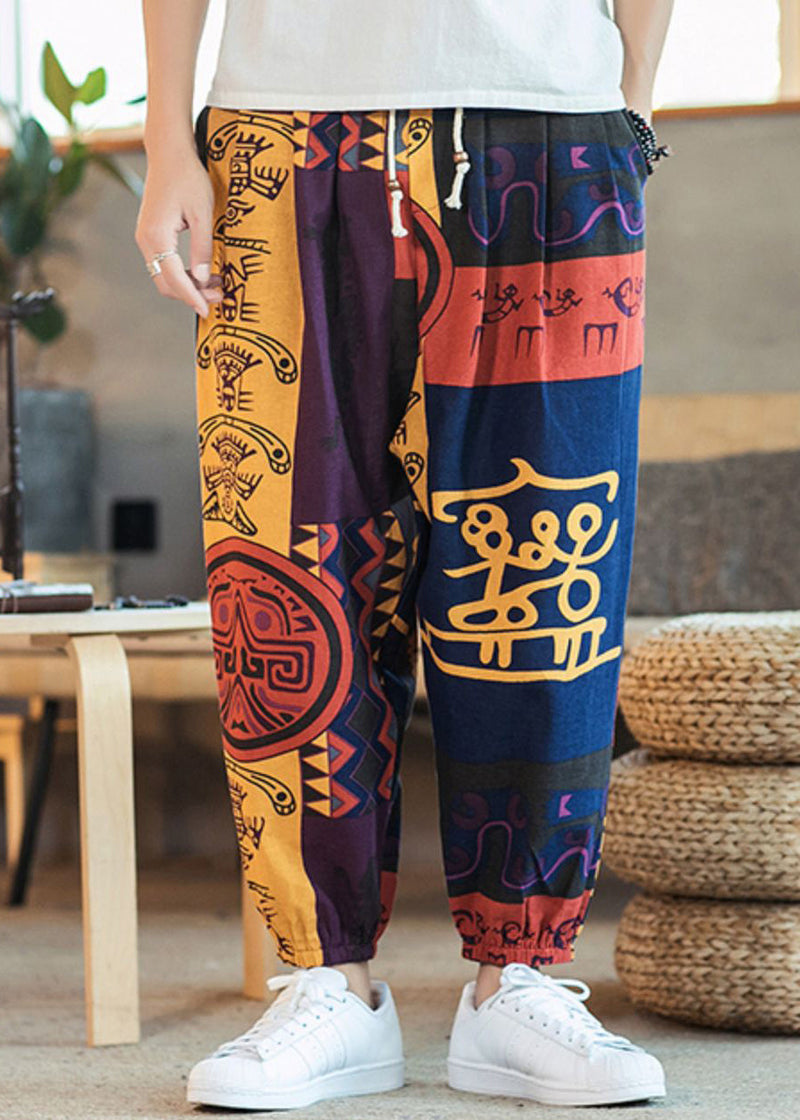Unique Colorblock Print Lace Up Elastic Waist Cotton Beam Pants Summer