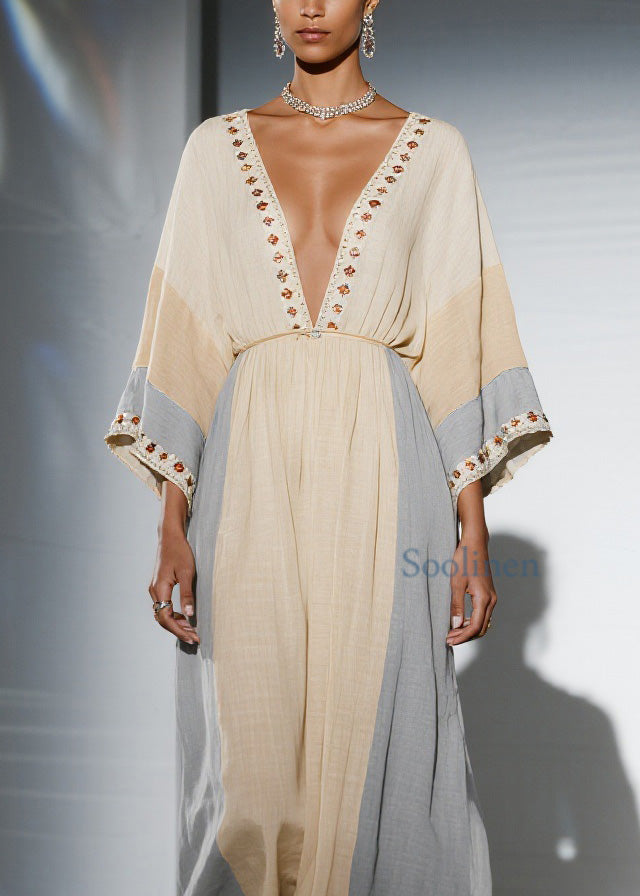 Unique Colorblock V Neck Patchwork Cotton Dress Summer