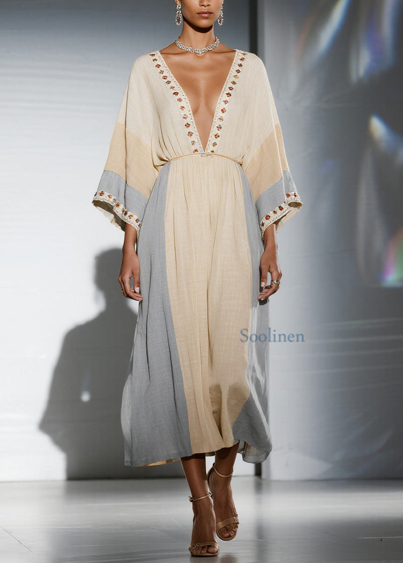 Unique Colorblock V Neck Patchwork Cotton Dress Summer