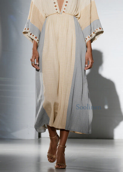Unique Colorblock V Neck Patchwork Cotton Dress Summer