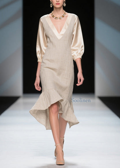 Unique Colorblock V Neck Patchwork Linen Silk Dresses Summer