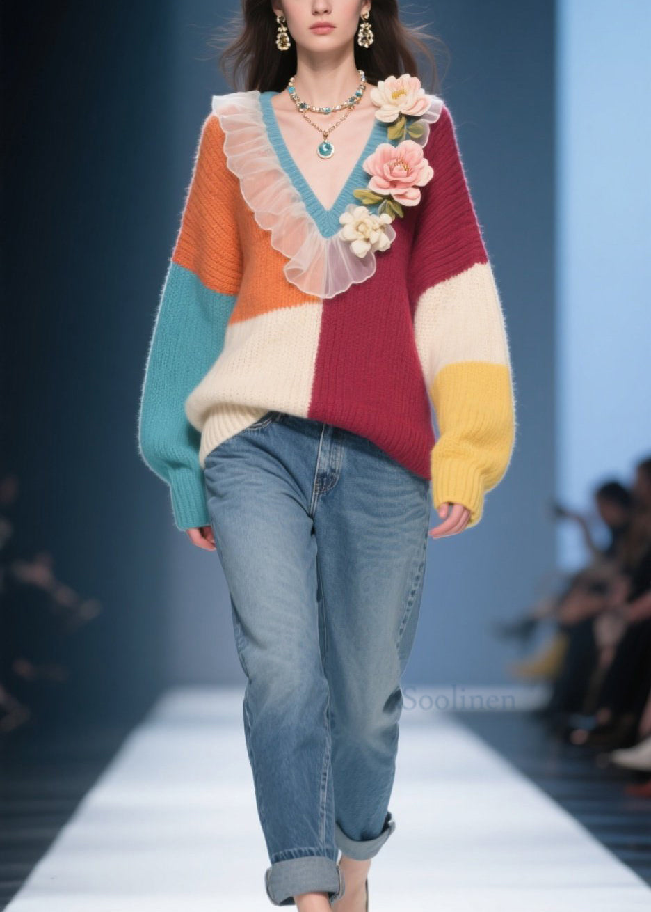 Unique Colorblock V Neck Ruffled Knit Pullover Fall