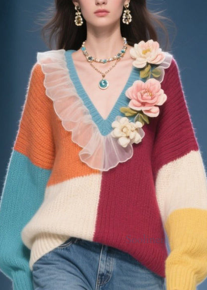 Unique Colorblock V Neck Ruffled Knit Pullover Fall