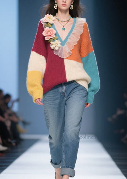 Unique Colorblock V Neck Ruffled Knit Pullover Fall