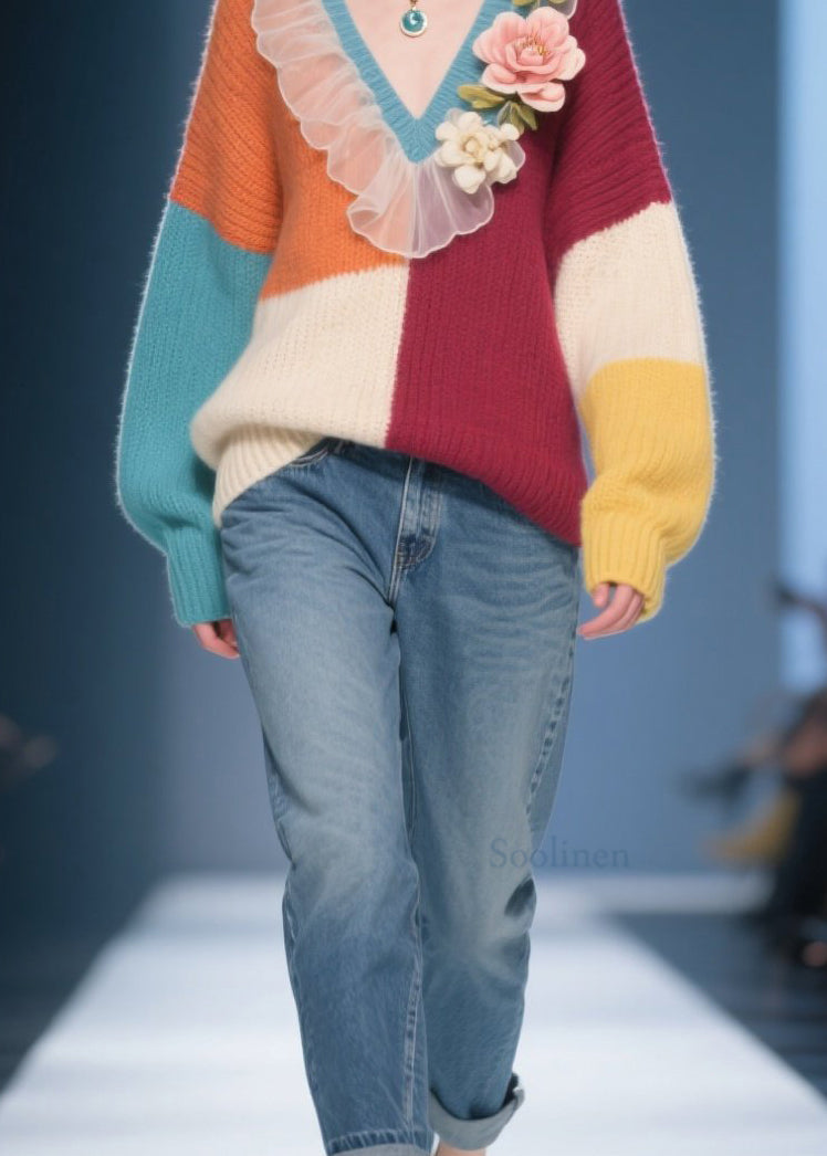 Unique Colorblock V Neck Ruffled Knit Pullover Fall