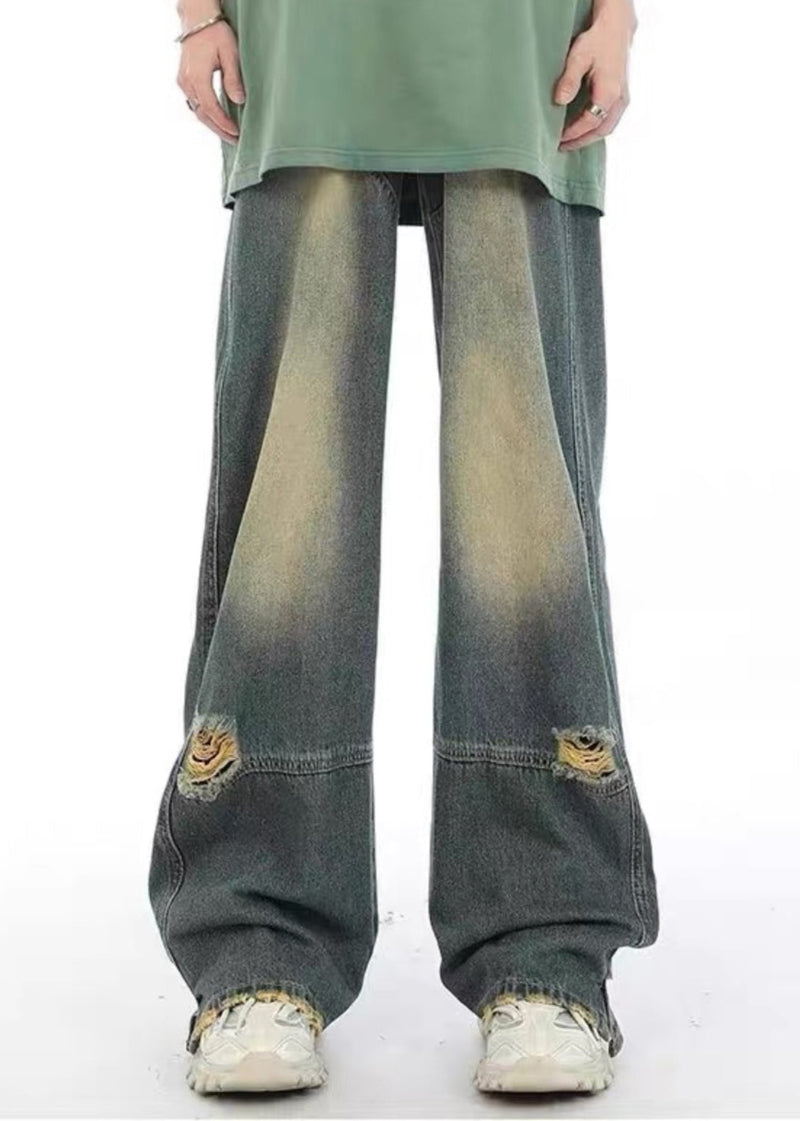 Unique Denim Blue Pockets Patchwork Hole Pants