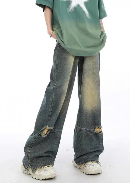 Unique Denim Blue Pockets Patchwork Hole Pants