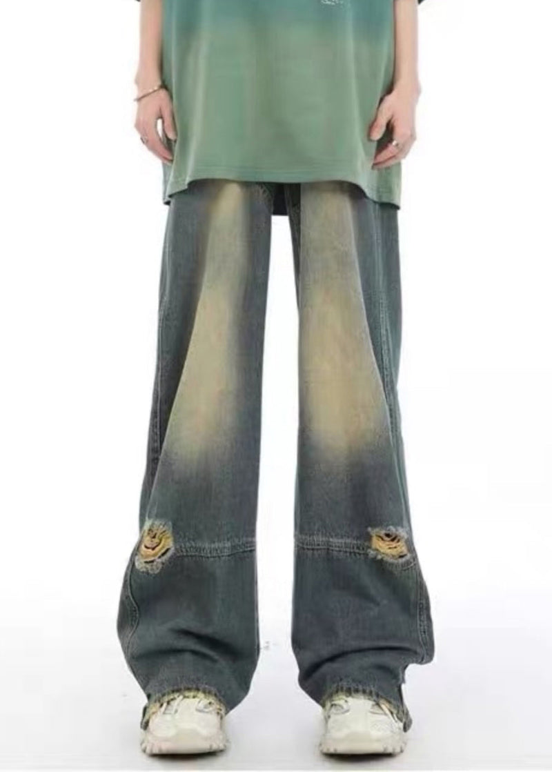 Unique Denim Blue Pockets Patchwork Hole Pants