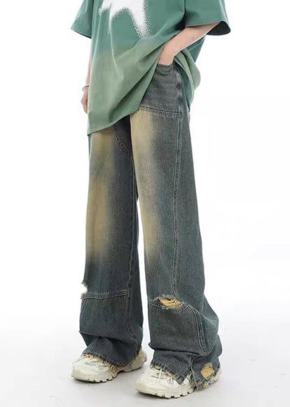 Unique Denim Blue Pockets Patchwork Hole Pants