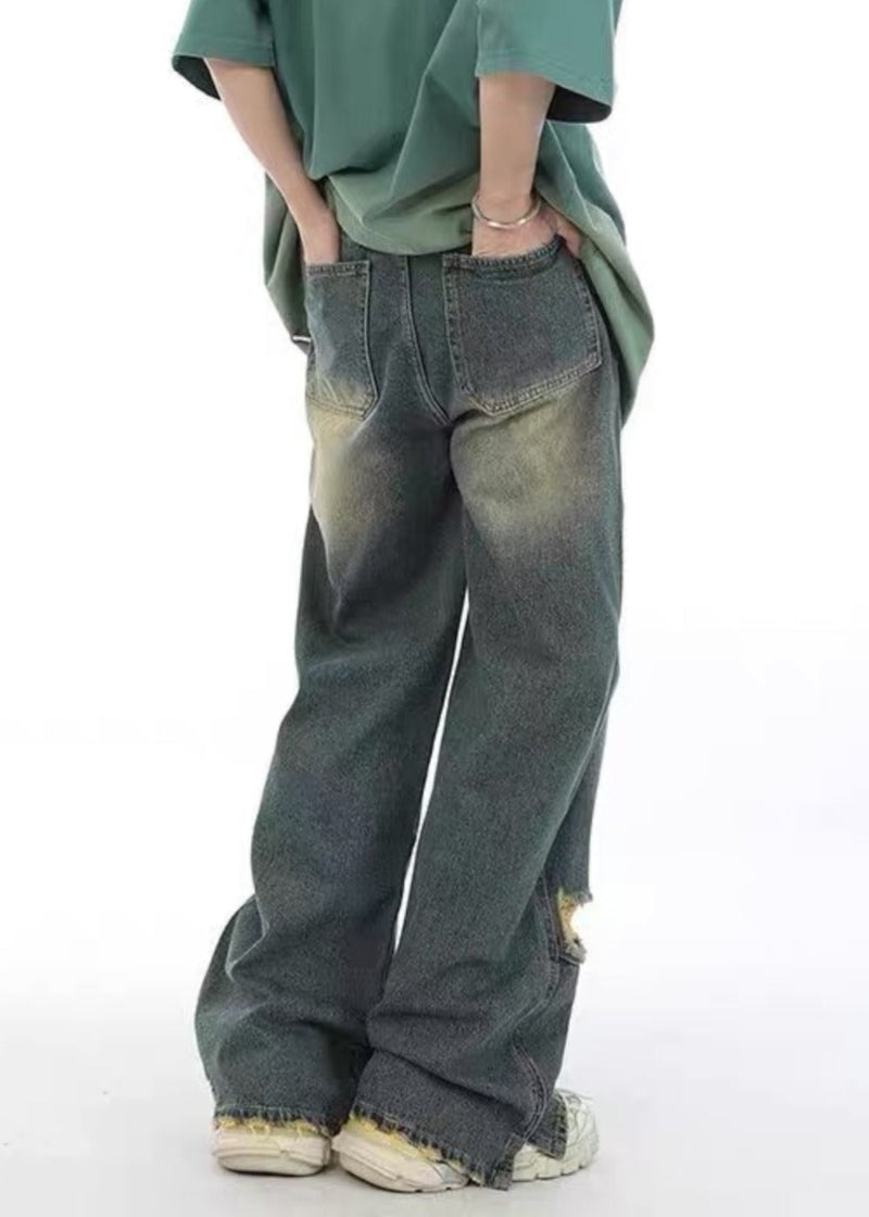 Unique Denim Blue Pockets Patchwork Hole Pants