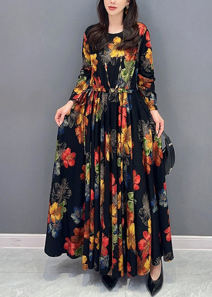 Unique O Neck Wrinkled Patchwork Cotton Long Dress Fall