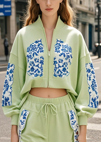 Unique Fruits Green Print Low High Design Cotton Jacket Fall