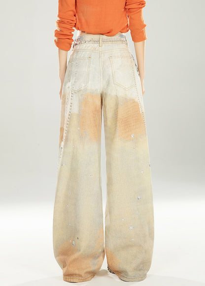 Unique Gradient Color Print Pockets Denim Wide Leg Pants Spring