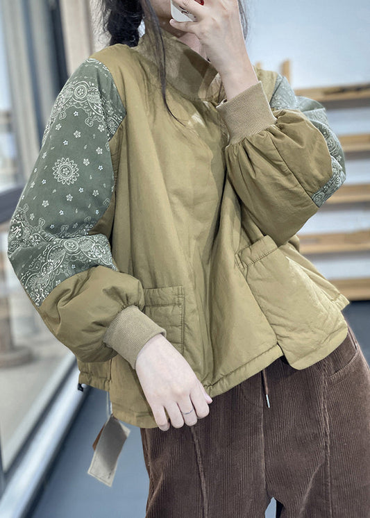 Unique Grass Green Turtle Neck Patchwork Pockets Fine Cotton Filled Pullover Winter