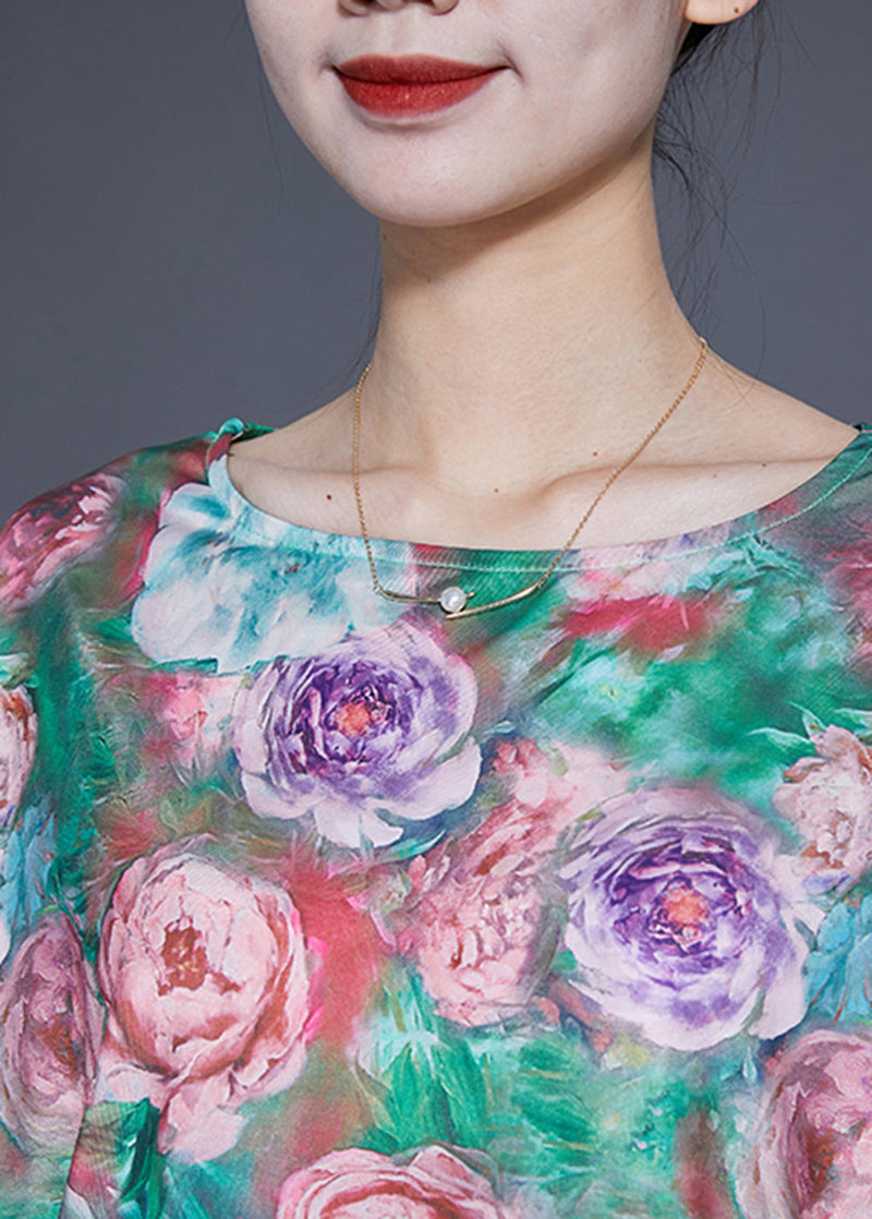 Unique Green Asymmetrical Print Silk Tank Batwing Sleeve